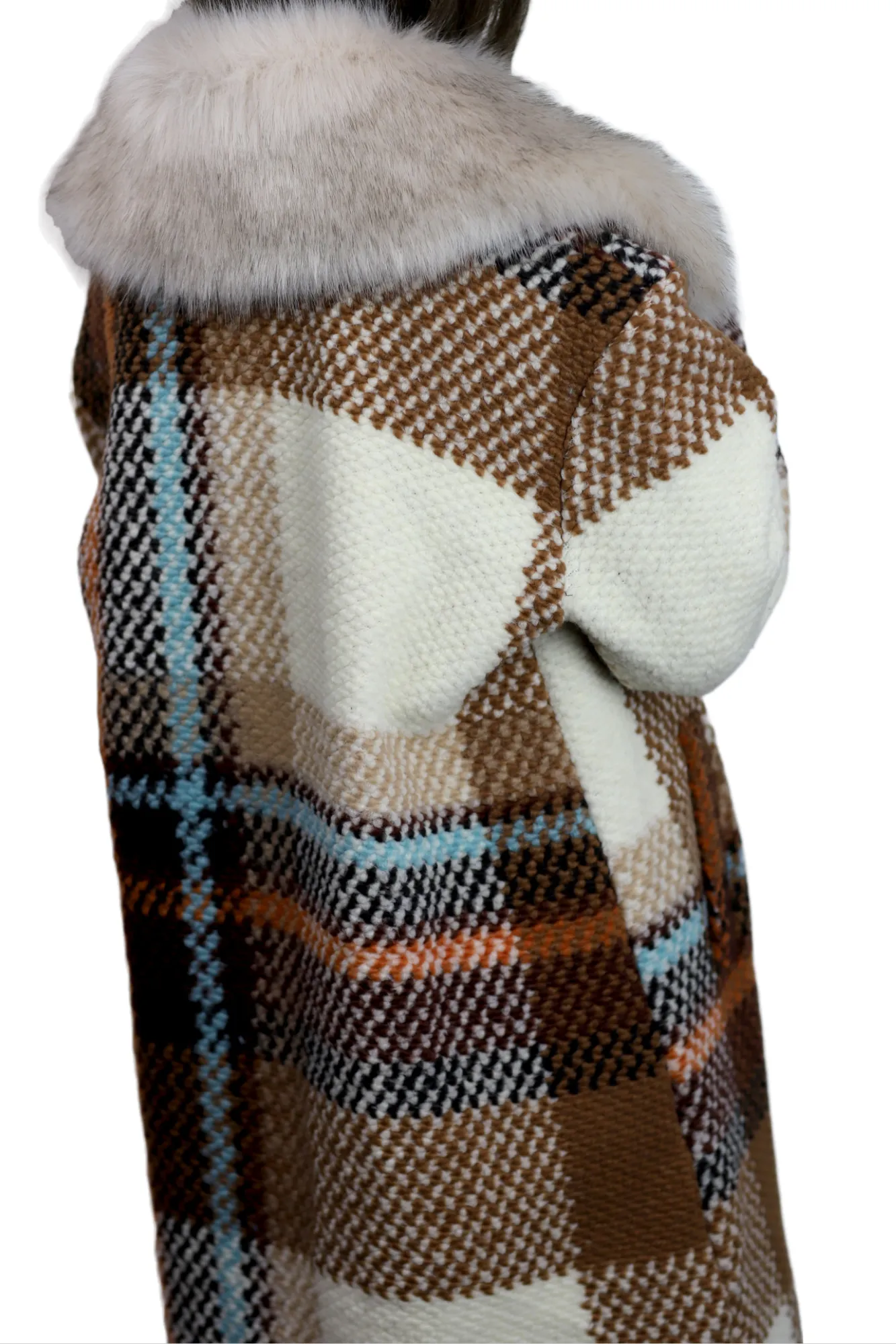 La Fiorentina Long Plaid Wool Coat w/ Faux Fur Trim - Brown/Ivory