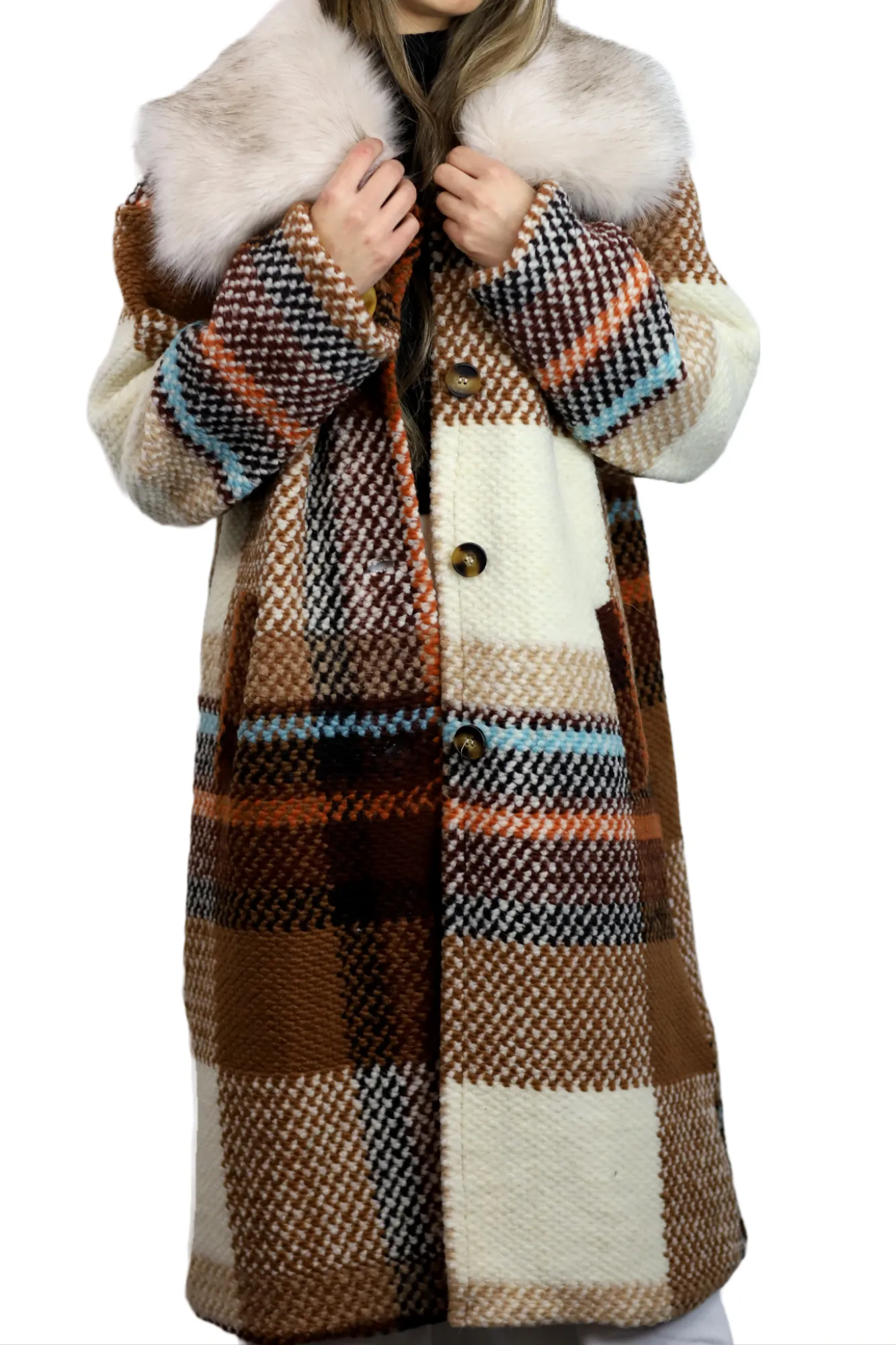 La Fiorentina Long Plaid Wool Coat w/ Faux Fur Trim - Brown/Ivory