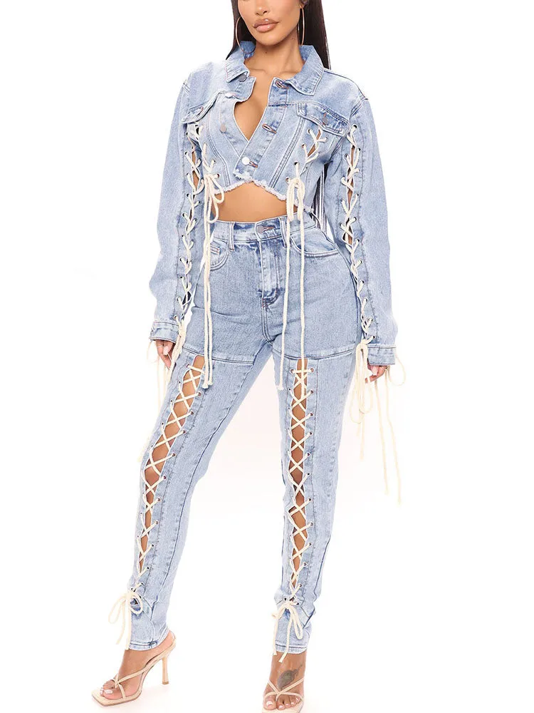 Lace Up Graceful Cutout Skinny Jeans