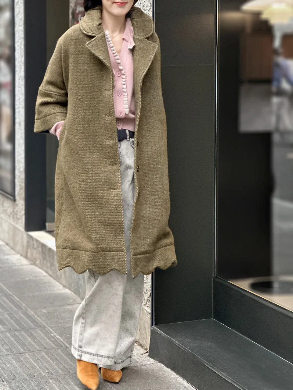 Last Chance! Khaki Green Scalloped Hem Cashmere Wool Blend Coat