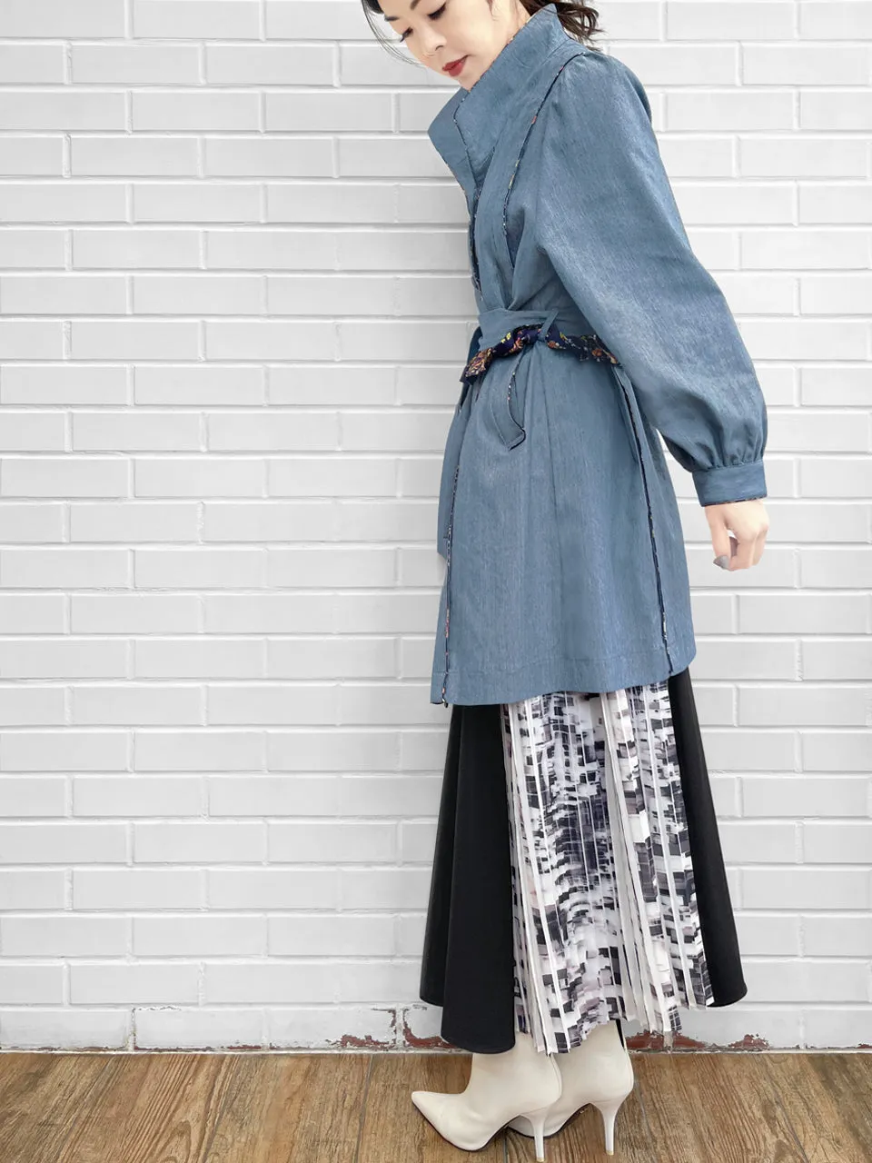 Last Chance! Pinstripe Denim Deer Piping Belted Longline Cotton Blended Coat