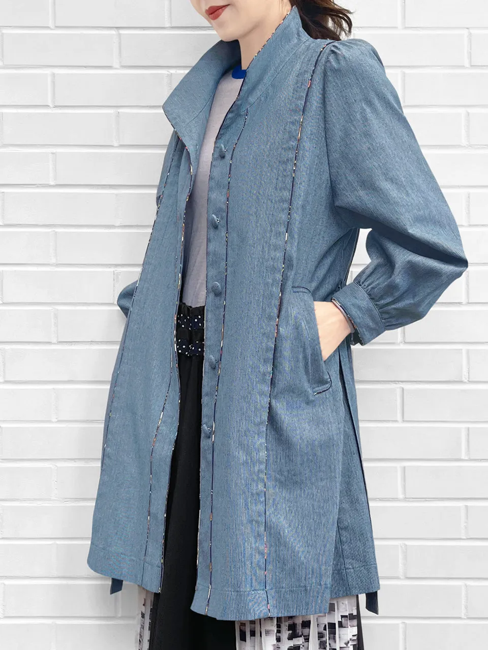 Last Chance! Pinstripe Denim Deer Piping Belted Longline Cotton Blended Coat