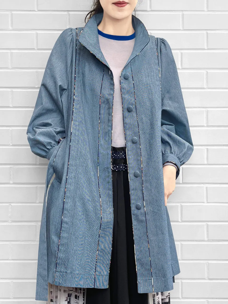 Last Chance! Pinstripe Denim Deer Piping Belted Longline Cotton Blended Coat