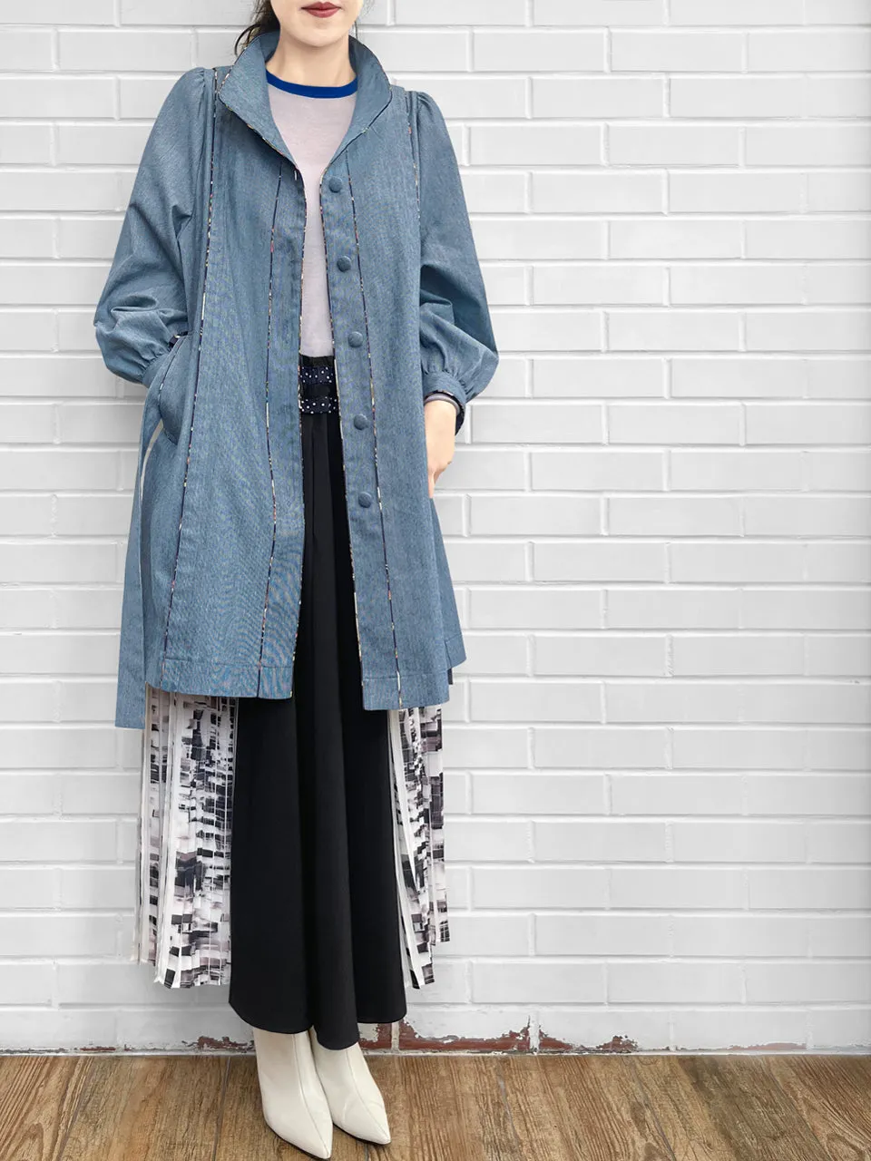 Last Chance! Pinstripe Denim Deer Piping Belted Longline Cotton Blended Coat