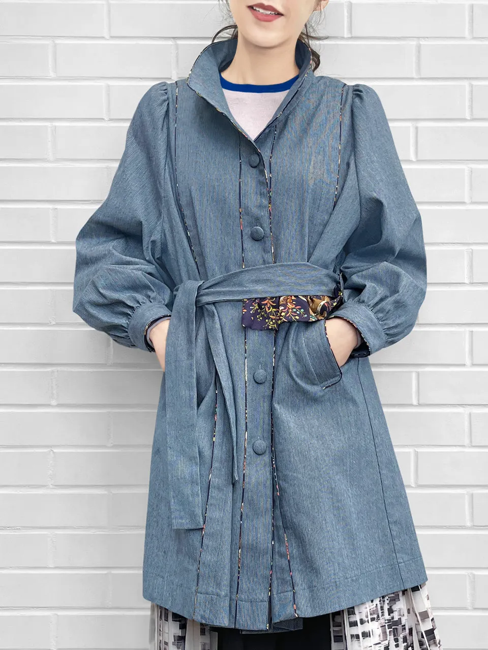 Last Chance! Pinstripe Denim Deer Piping Belted Longline Cotton Blended Coat