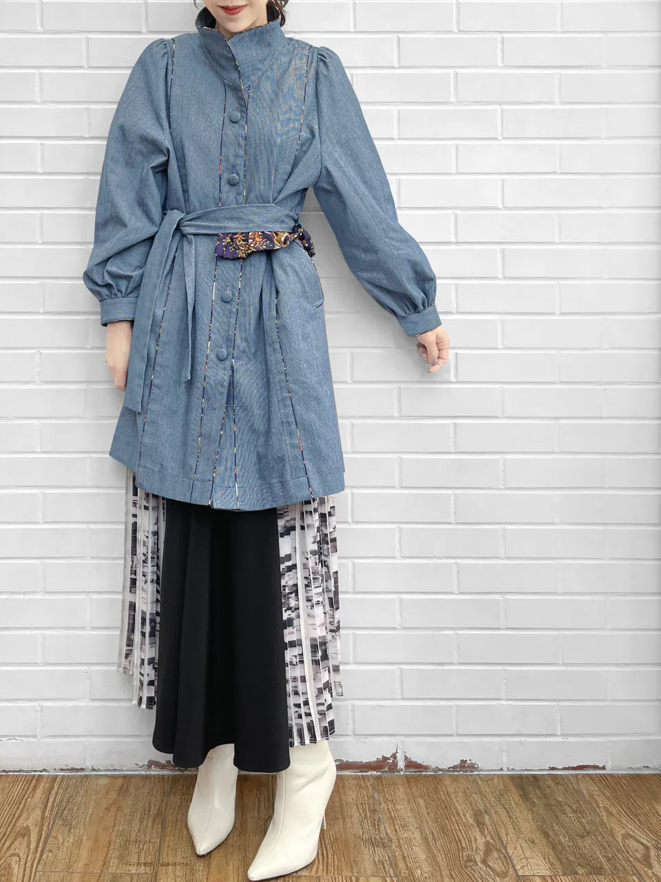 Last Chance! Pinstripe Denim Deer Piping Belted Longline Cotton Blended Coat