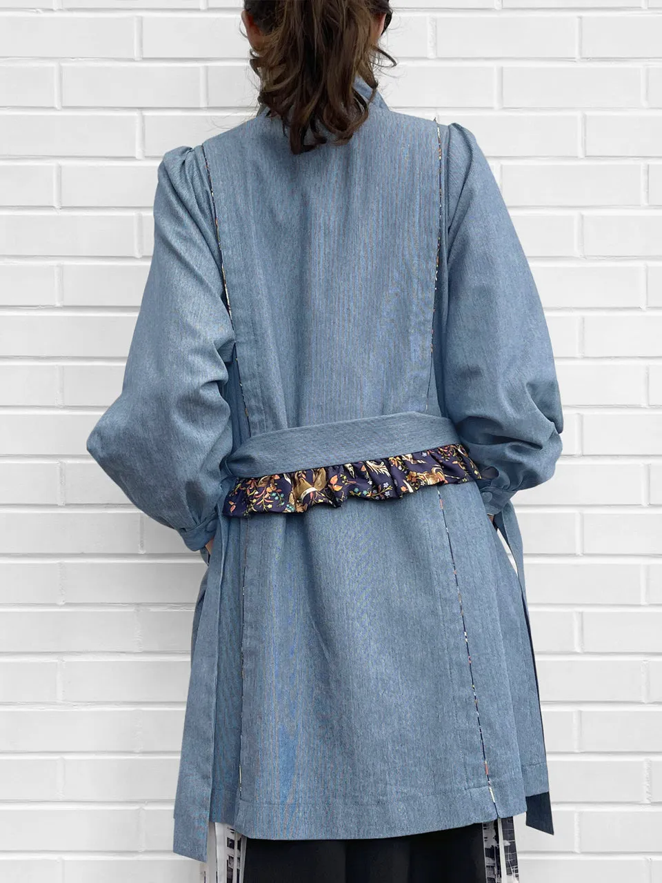 Last Chance! Pinstripe Denim Deer Piping Belted Longline Cotton Blended Coat