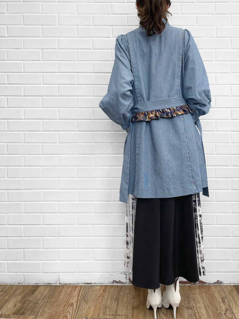 Last Chance! Pinstripe Denim Deer Piping Belted Longline Cotton Blended Coat