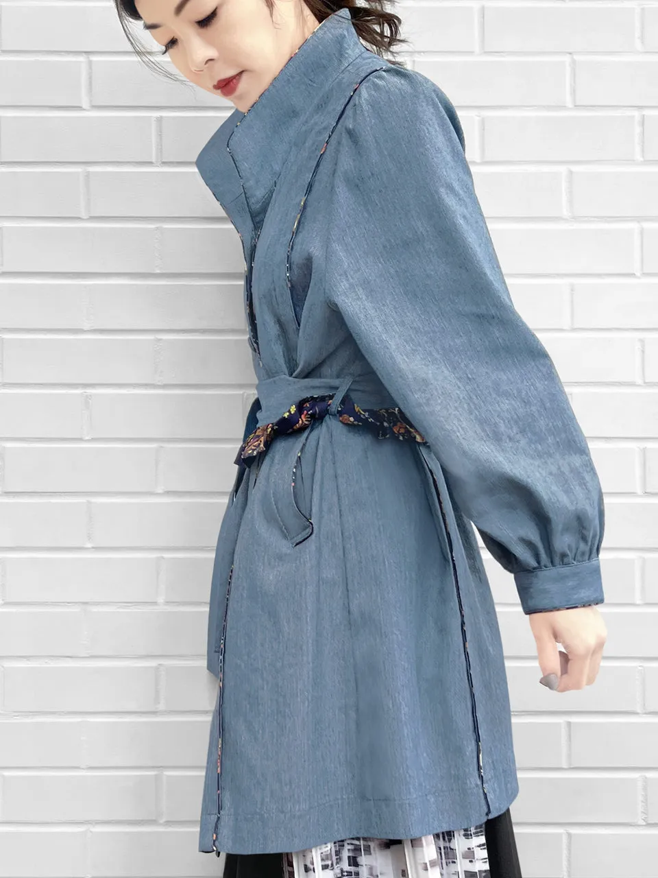 Last Chance! Pinstripe Denim Deer Piping Belted Longline Cotton Blended Coat