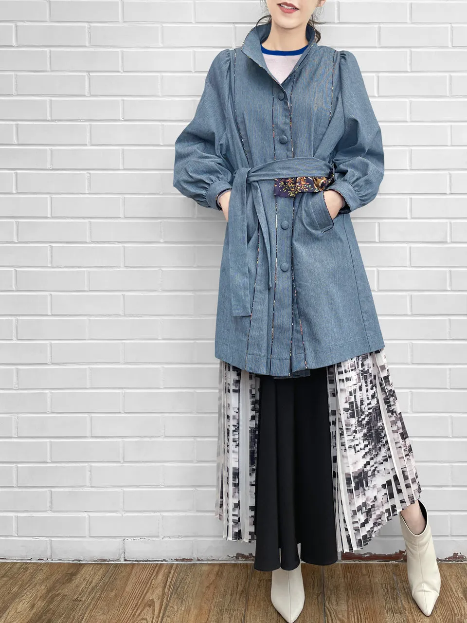 Last Chance! Pinstripe Denim Deer Piping Belted Longline Cotton Blended Coat