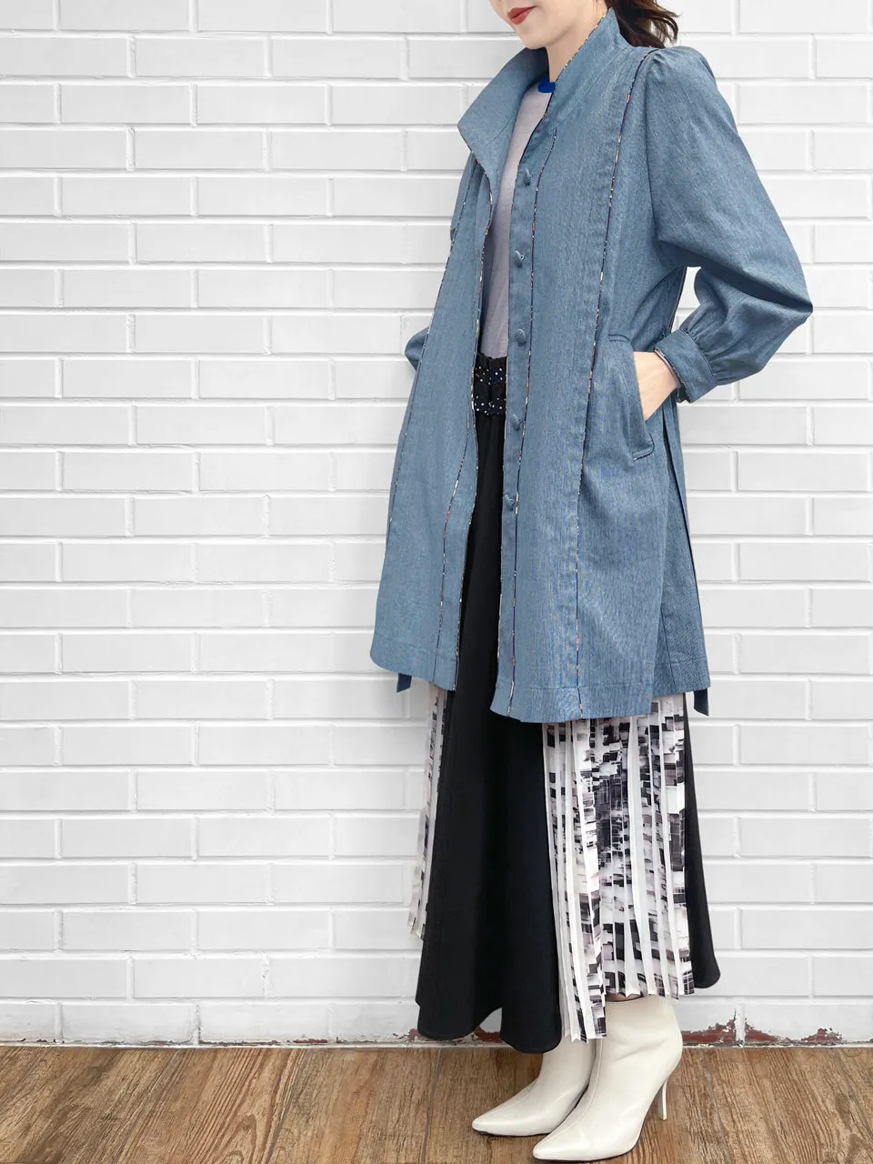 Last Chance! Pinstripe Denim Deer Piping Belted Longline Cotton Blended Coat