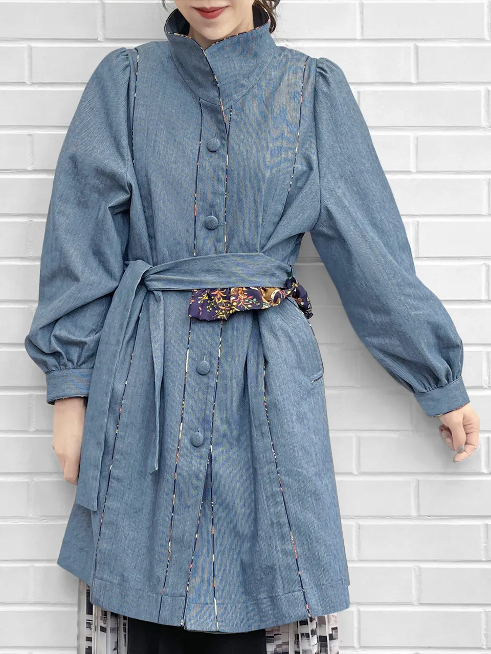 Last Chance! Pinstripe Denim Deer Piping Belted Longline Cotton Blended Coat