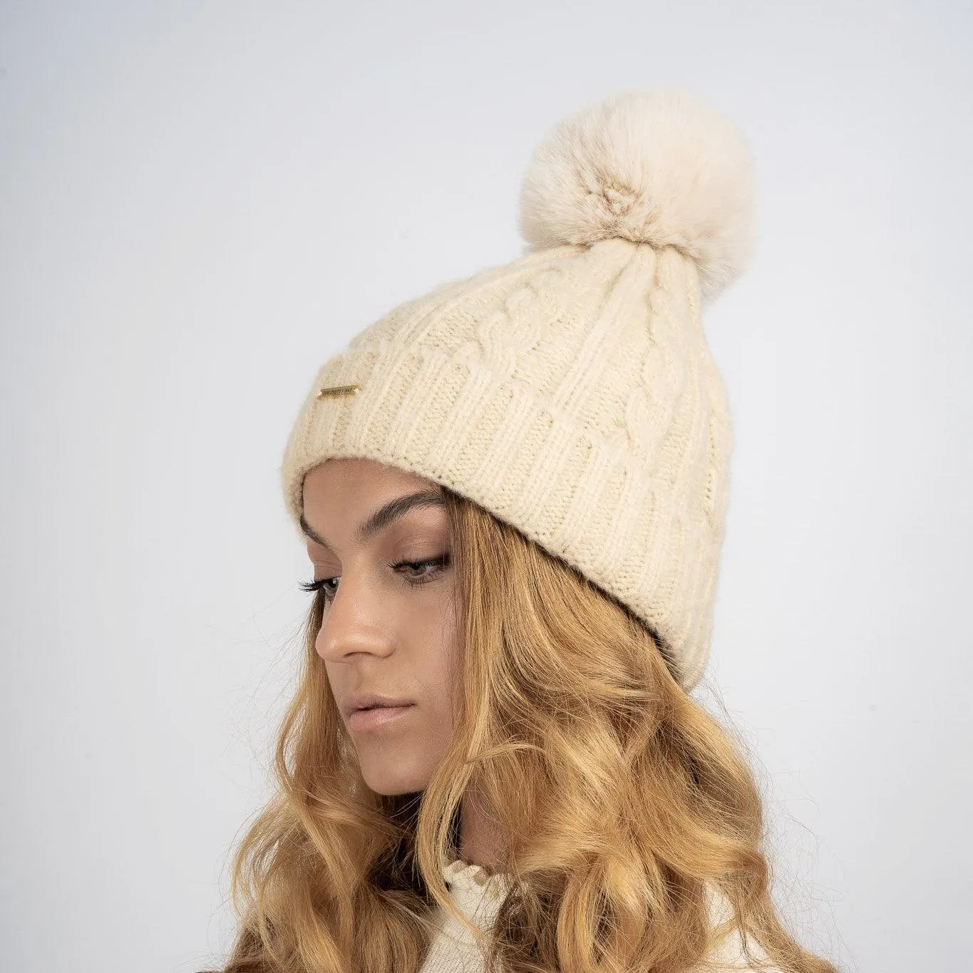 Laura Satin Lined Beanie With Detachable Pom - Cream