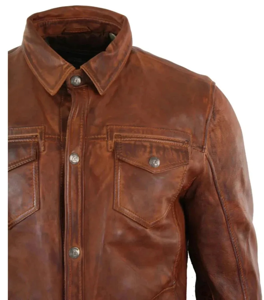 Leather Shirt Jacket Brown