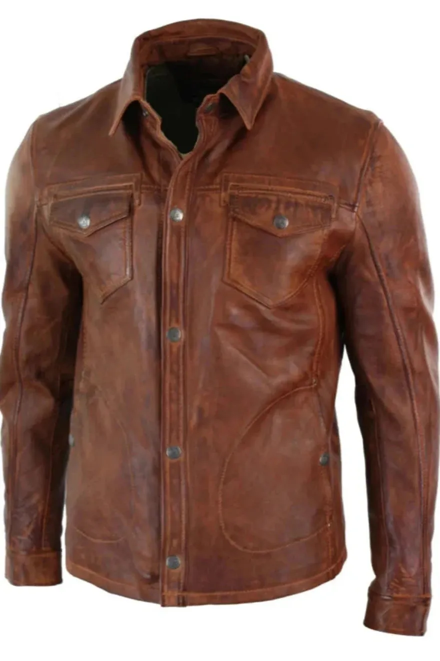 Leather Shirt Jacket Brown