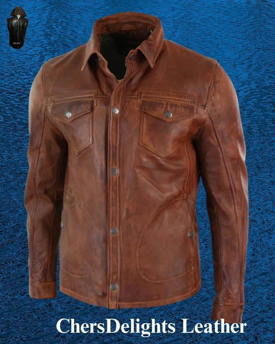 Leather Shirt Jacket Brown