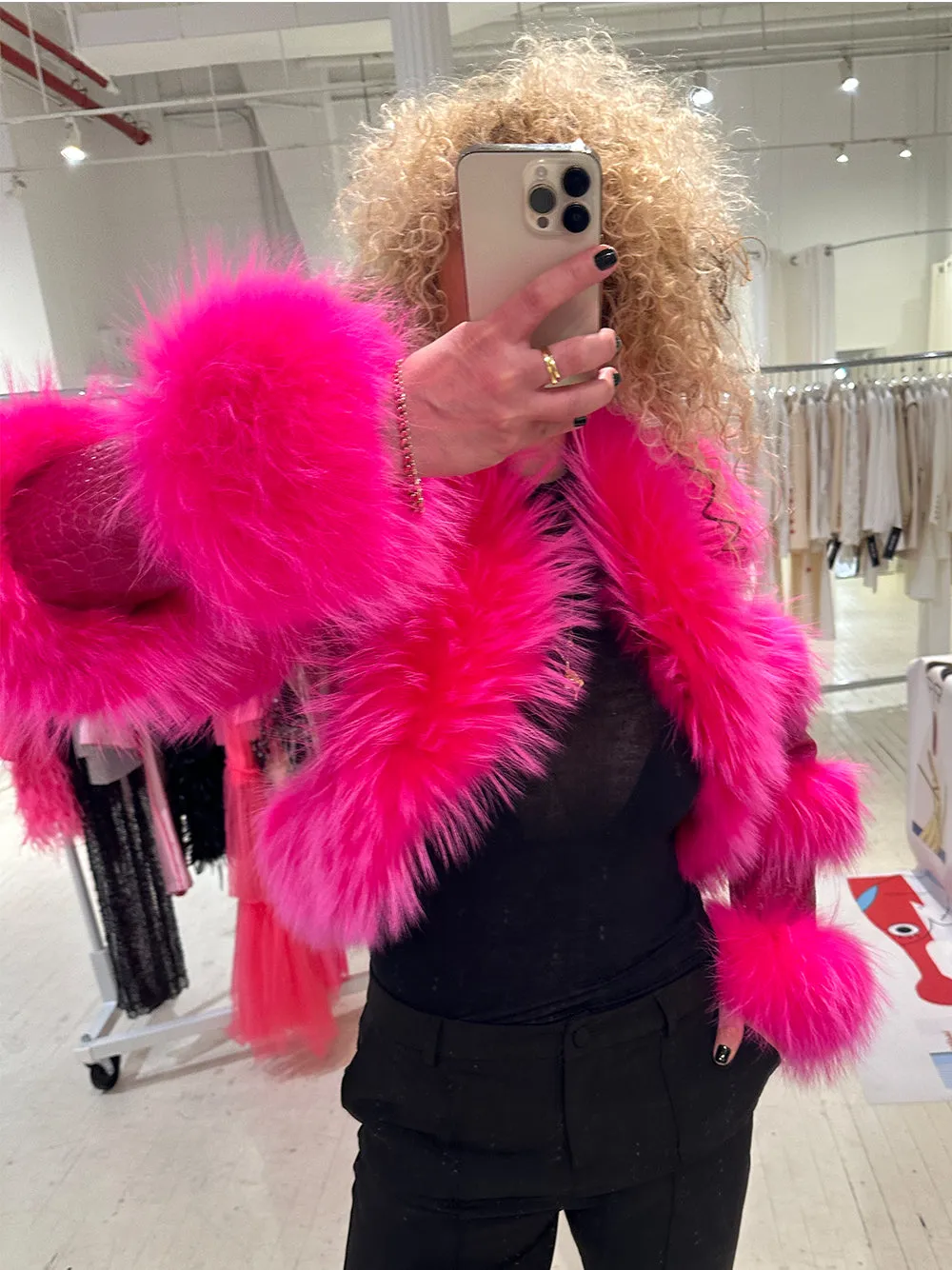 LITALY Fur Trim Leather Jacket in Fuchsia