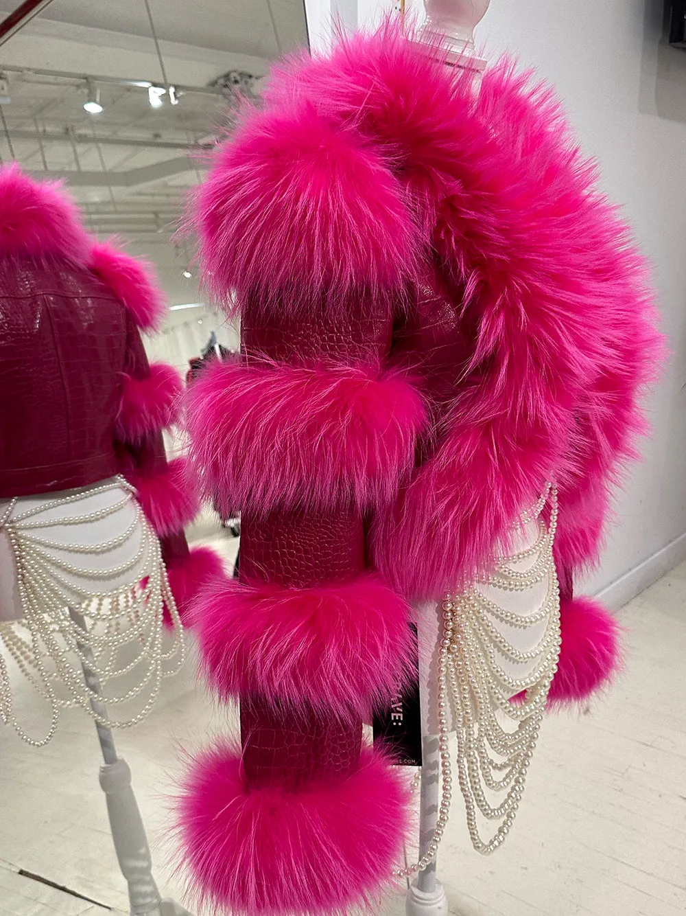 LITALY Fur Trim Leather Jacket in Fuchsia