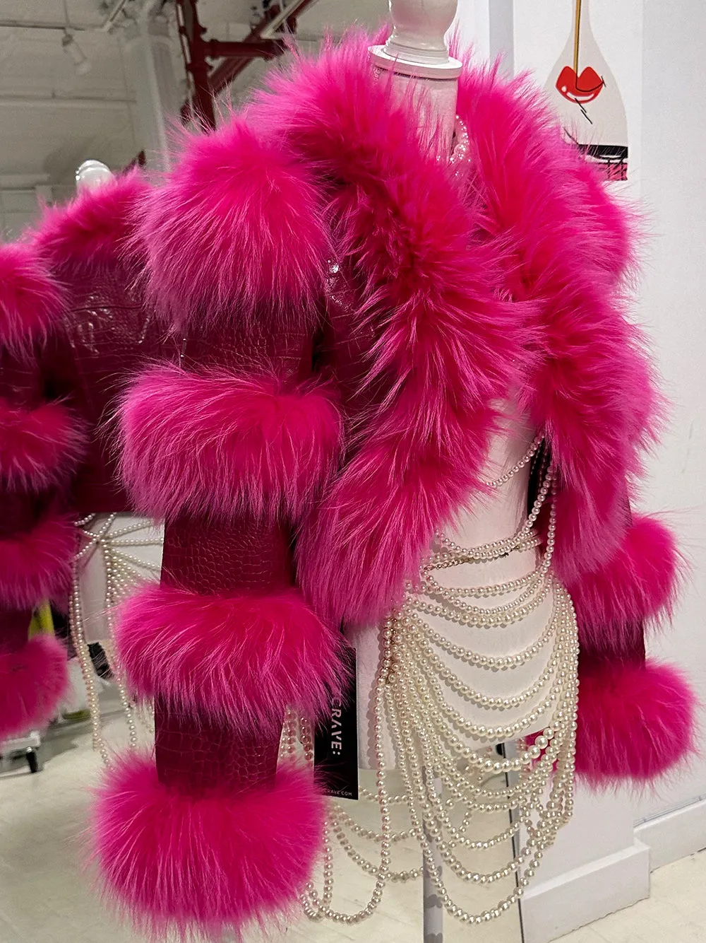 LITALY Fur Trim Leather Jacket in Fuchsia