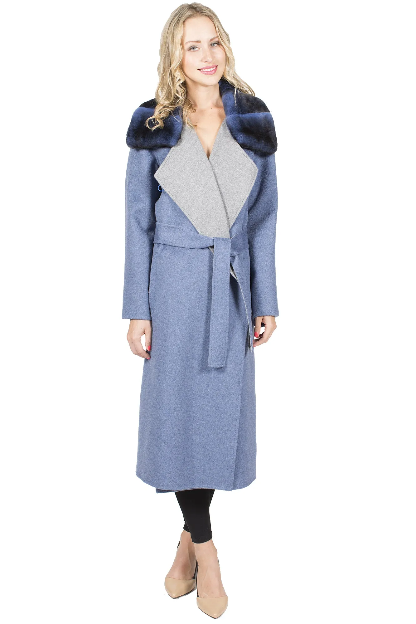 Long 100% Cashmere Wrap Coat with Rex Rabbit Collar