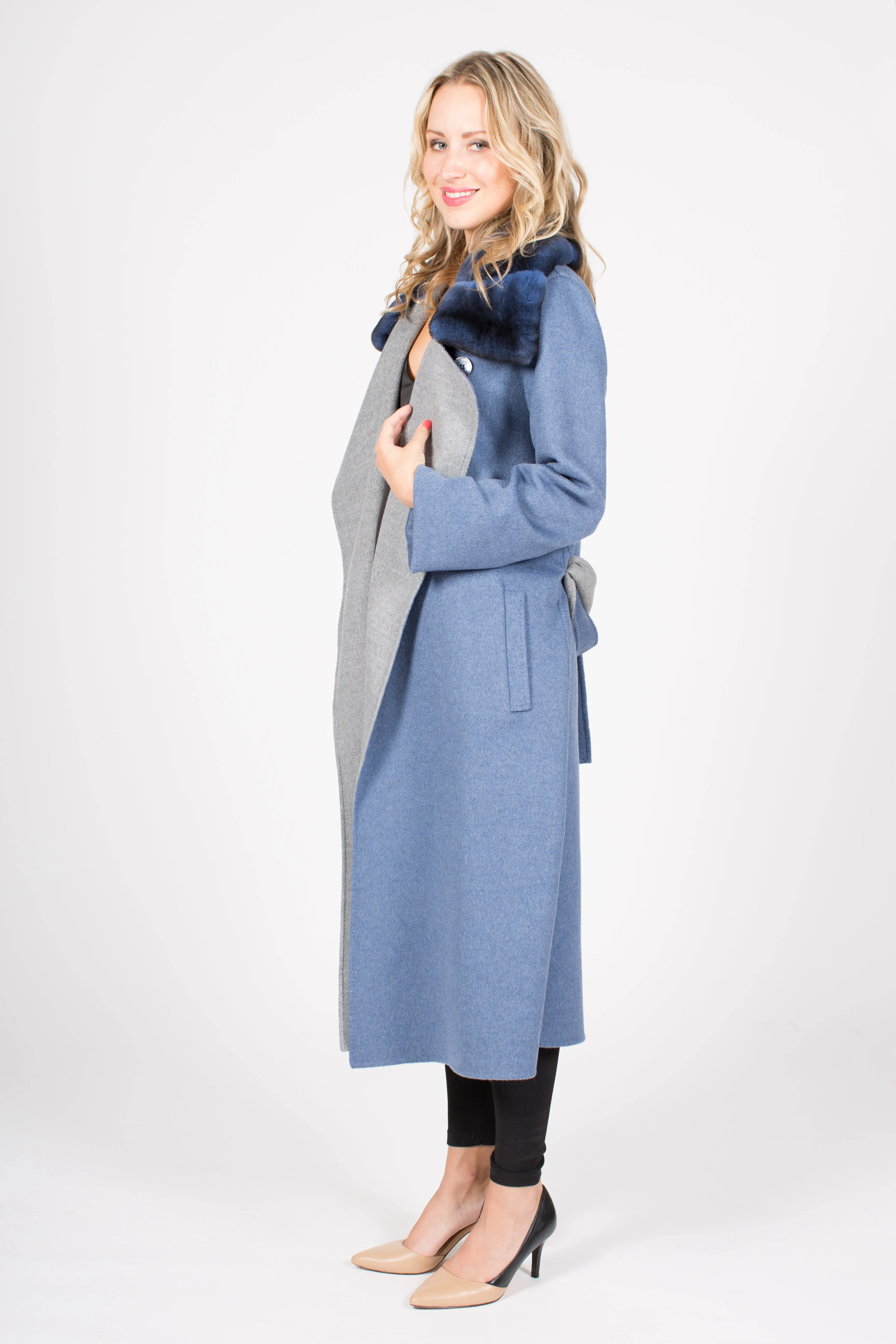 Long 100% Cashmere Wrap Coat with Rex Rabbit Collar