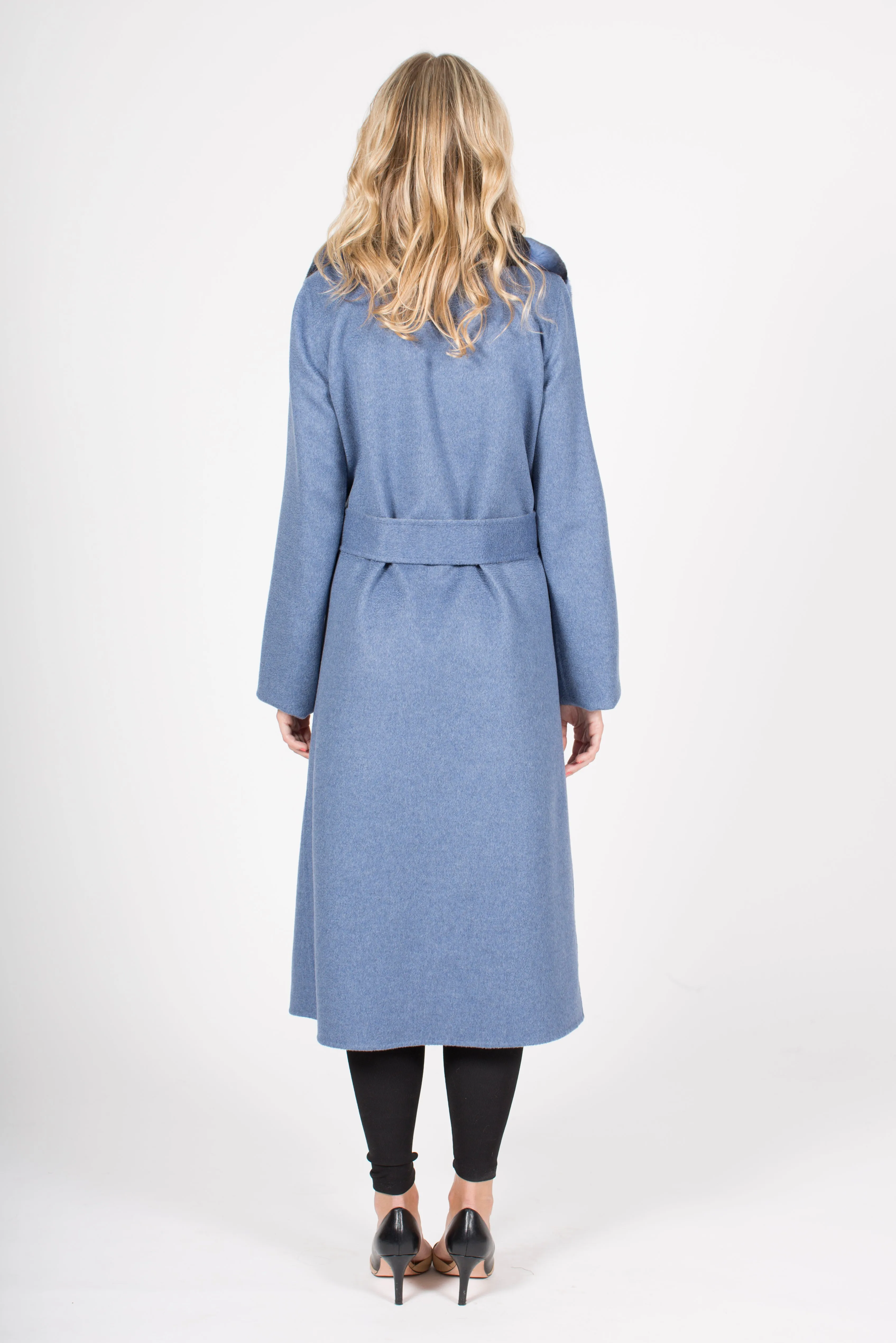 Long 100% Cashmere Wrap Coat with Rex Rabbit Collar