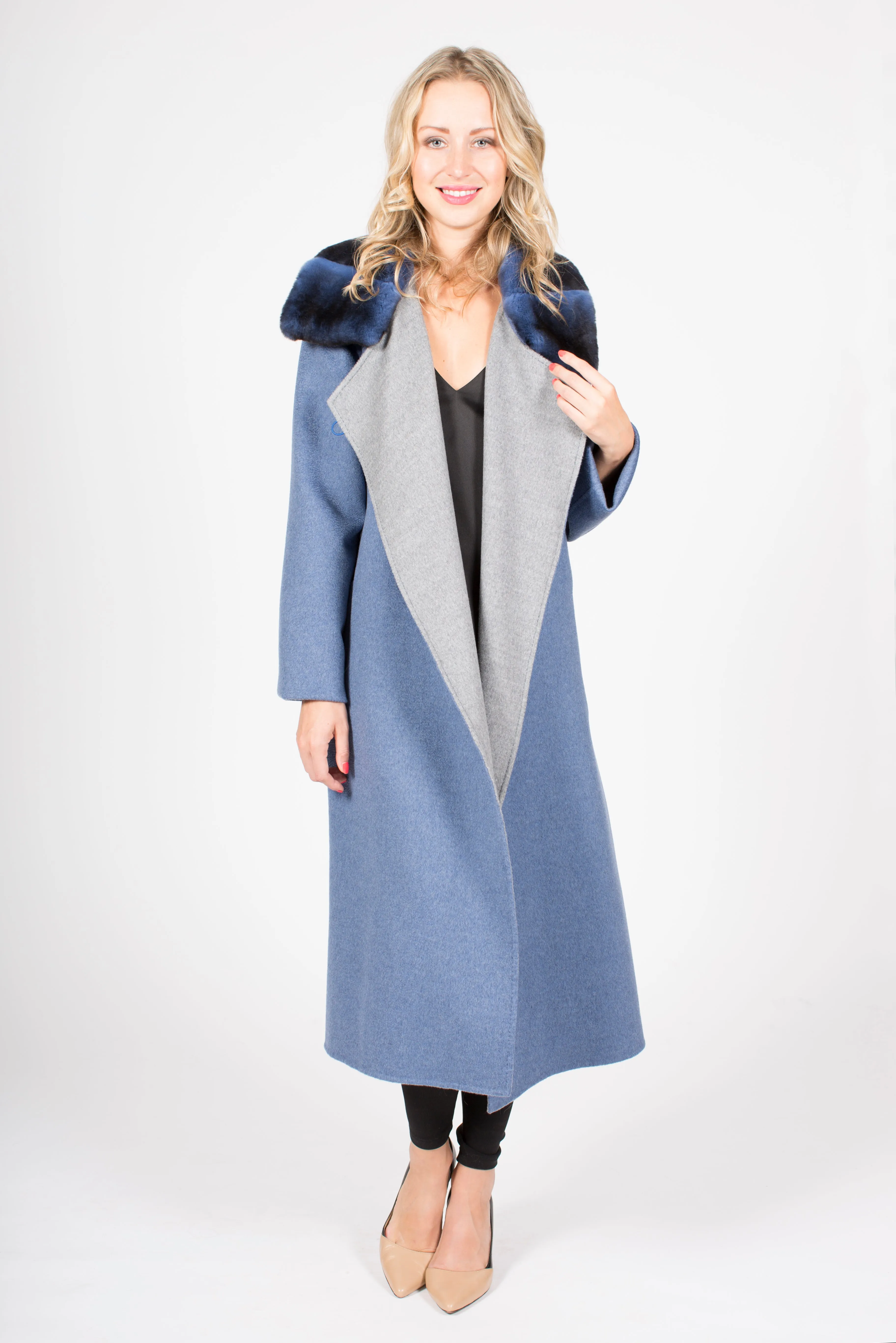 Long 100% Cashmere Wrap Coat with Rex Rabbit Collar