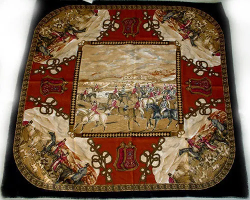 *MADE IN ITALY BROWN & GOLD HORSES DOGS WITH BRAID LOOK HUNT SCENE FRINGE SCARF