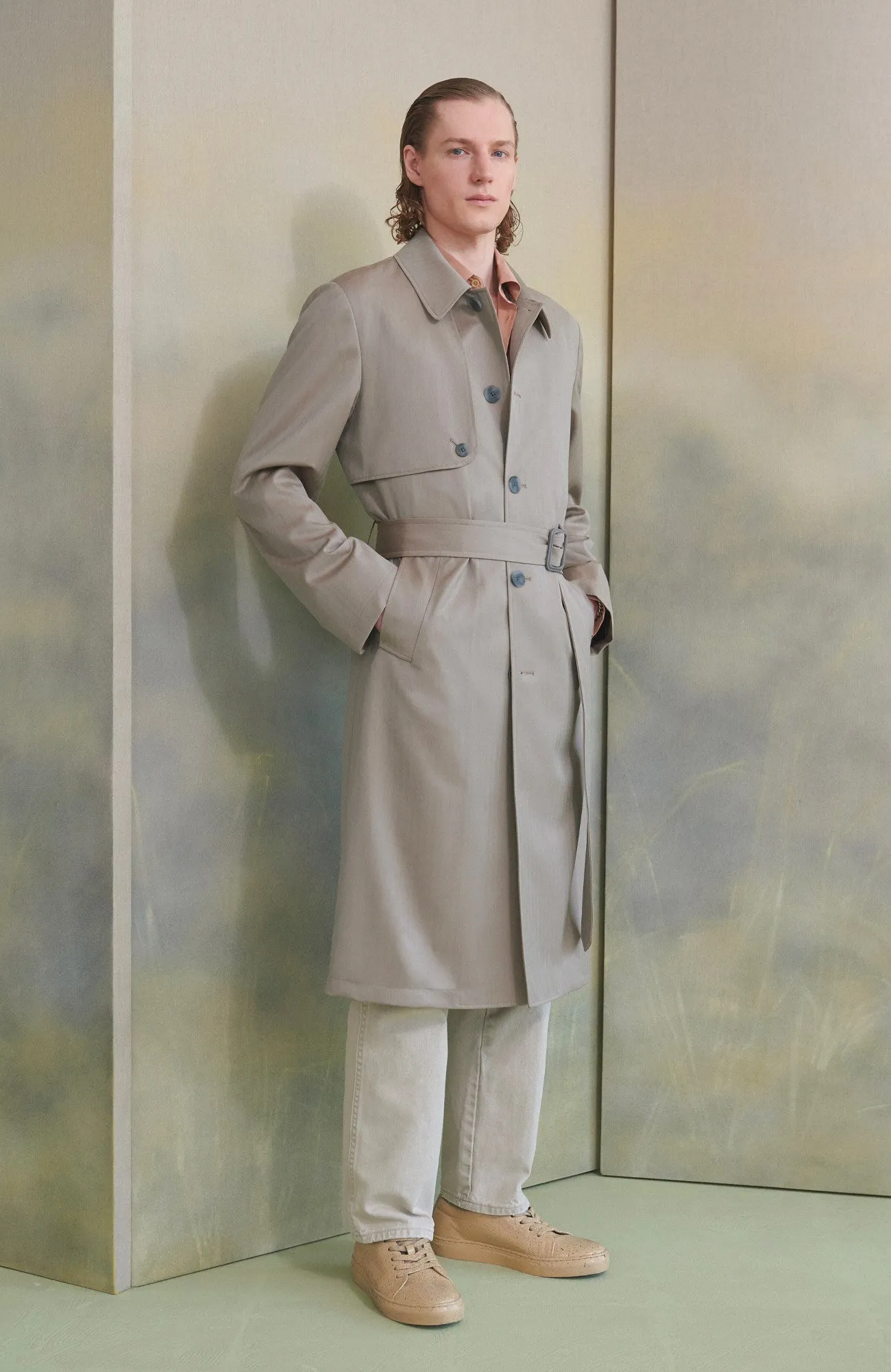 MAN-RAY KHAKI HERRINGBONE WOOL TRENCH COAT