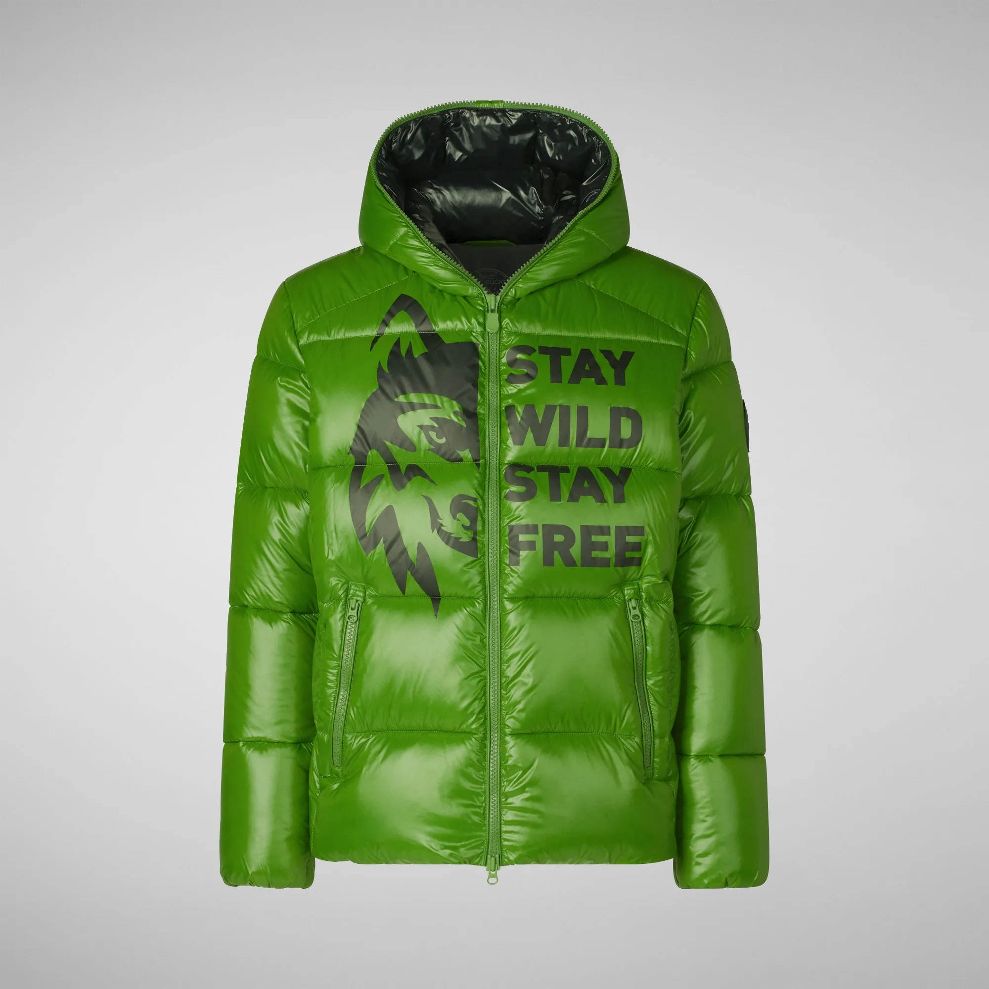 Man's animal free hooded puffer jacket Evander in grass green wolf print