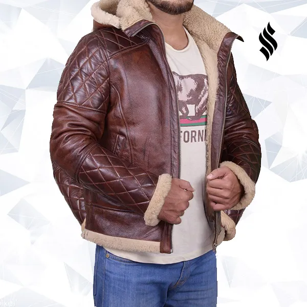 MEN BROWN SHEARLING JACKET WITH HOODIE