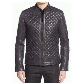 Men Cafe Racer Diamond Bomber Leather Jacket