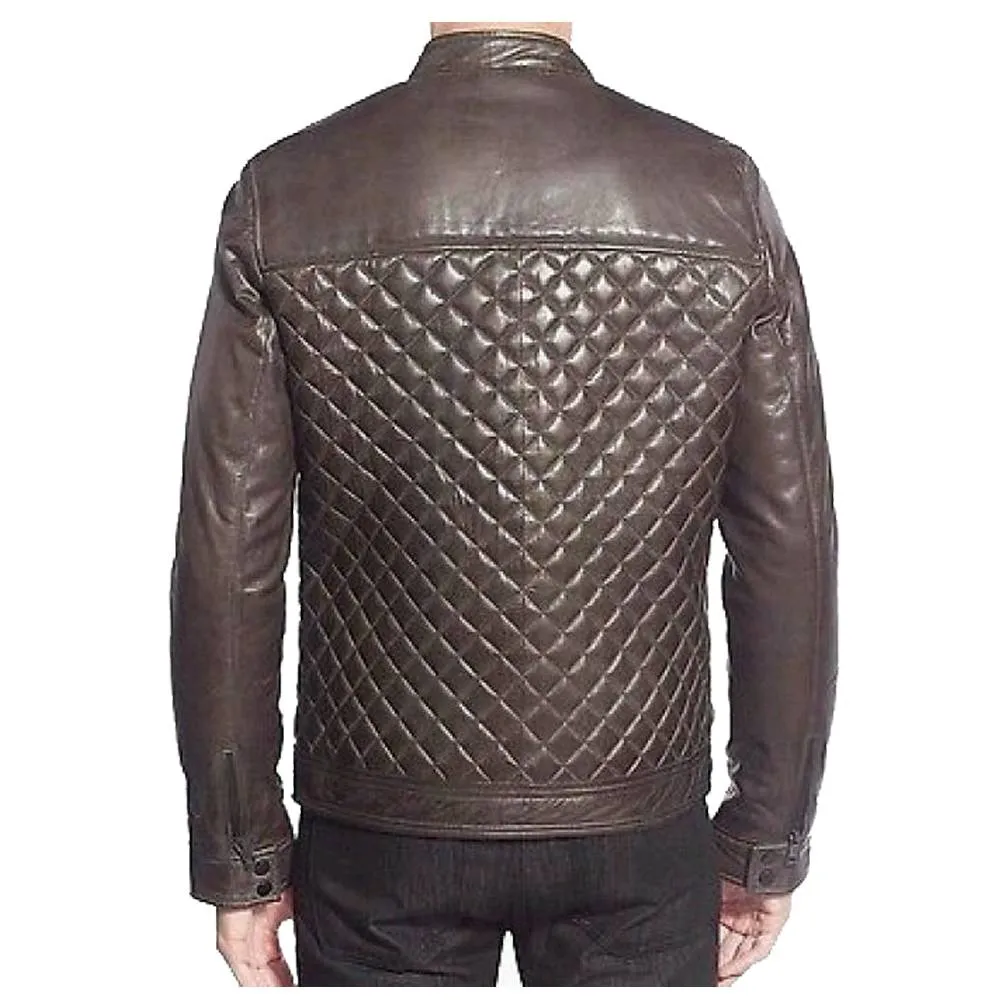 Men Cafe Racer Diamond Bomber Leather Jacket