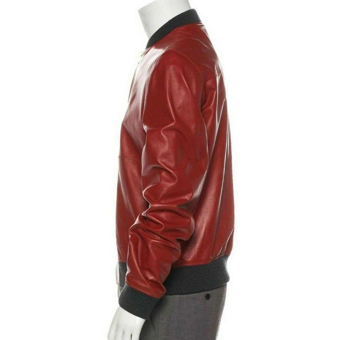 Men Fashion Lambskin Red Leather Bomber Jacket