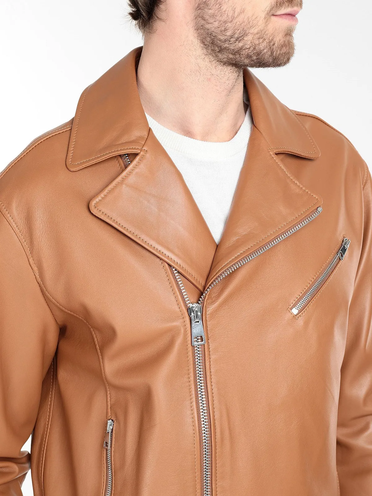 Men Tan Brown Biker Leather Jacket