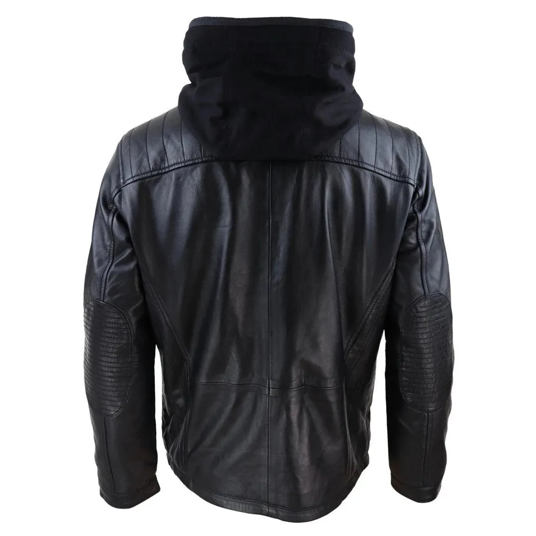 Mens Black Hoodie Real Leather Jacket Casual Removable Hood Zip Napa