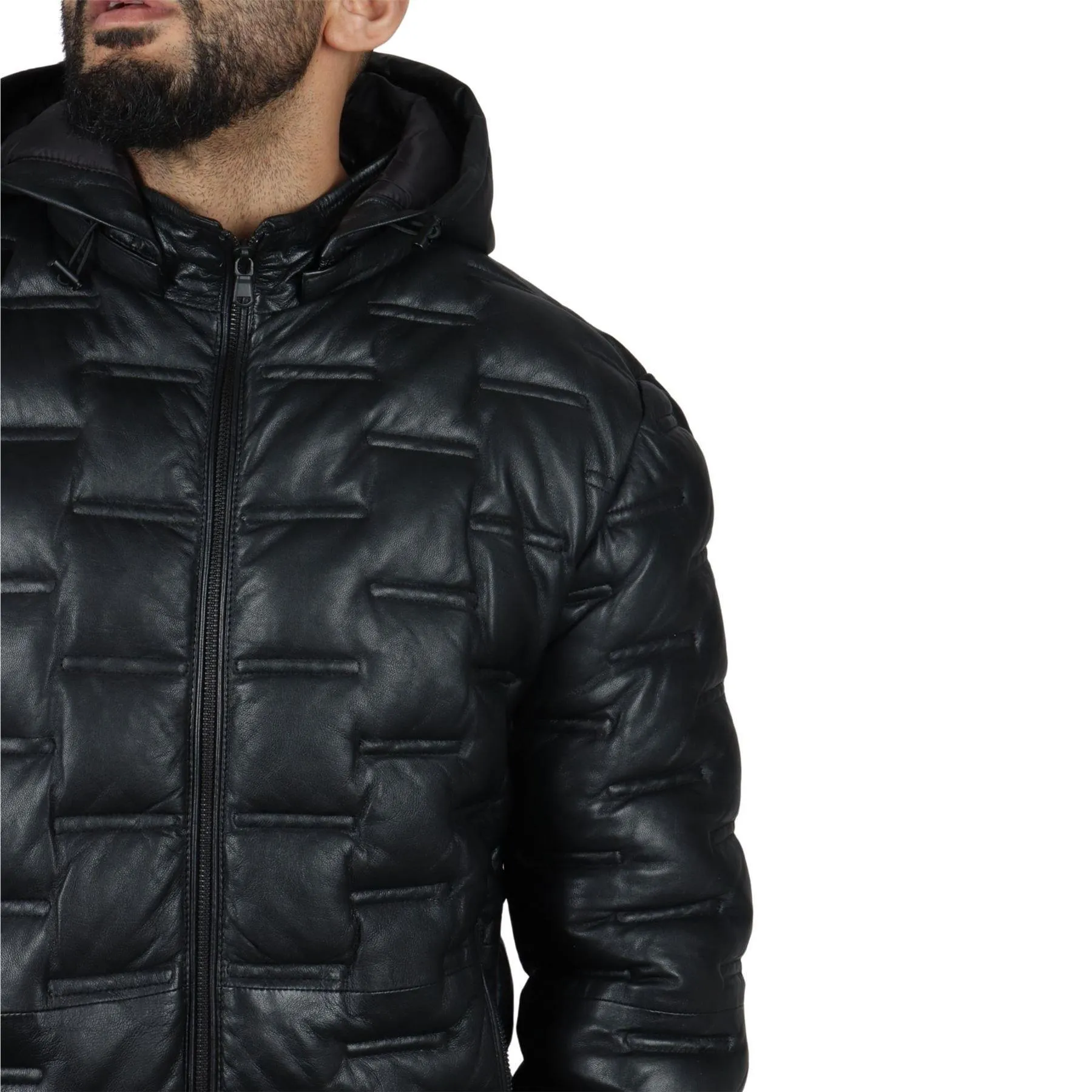 Men's Puffer Quilted Real Leather Jacket Hooded Casual