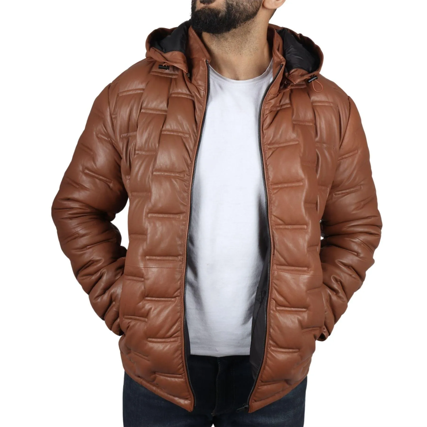 Men's Puffer Quilted Real Leather Jacket Hooded Casual