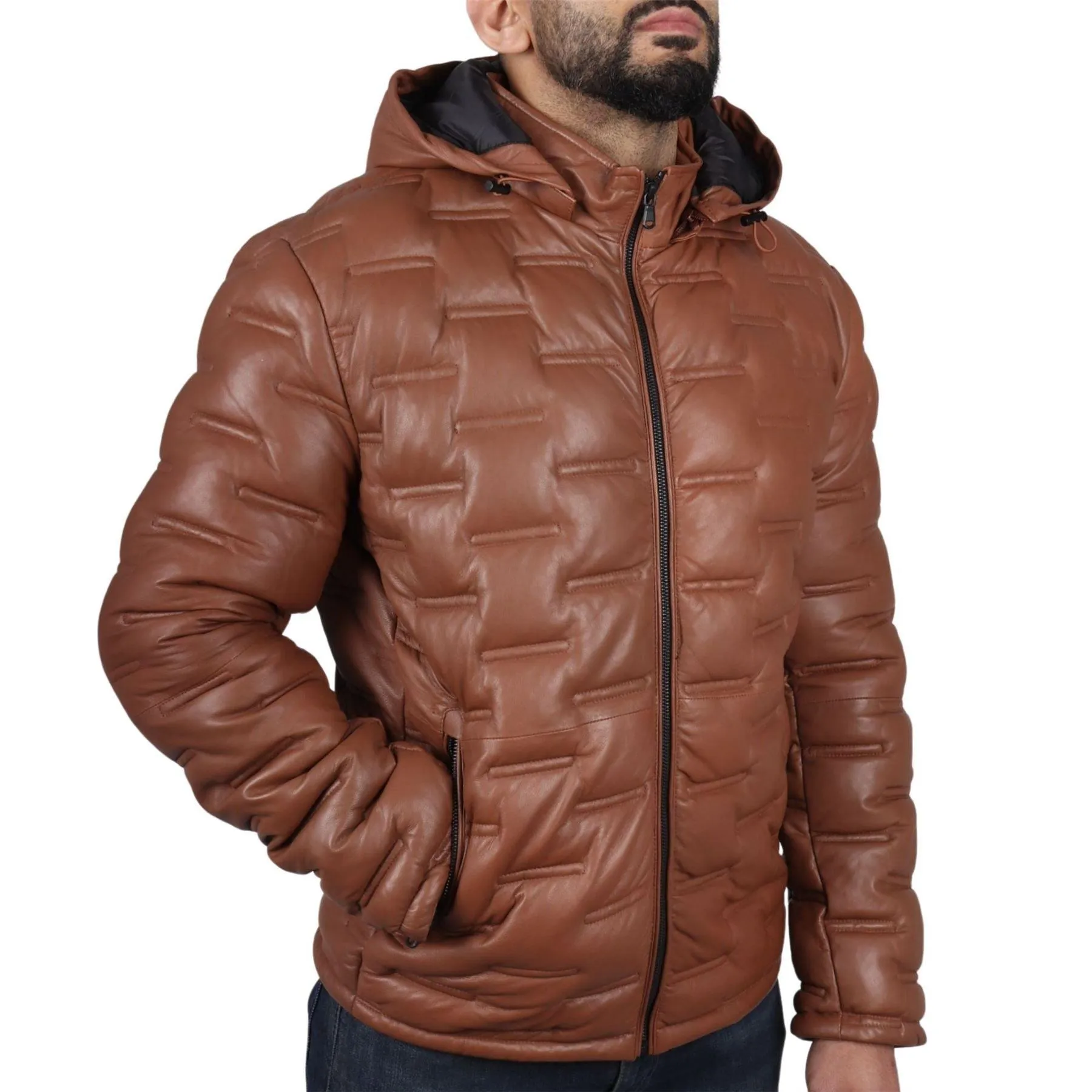 Men's Puffer Quilted Real Leather Jacket Hooded Casual