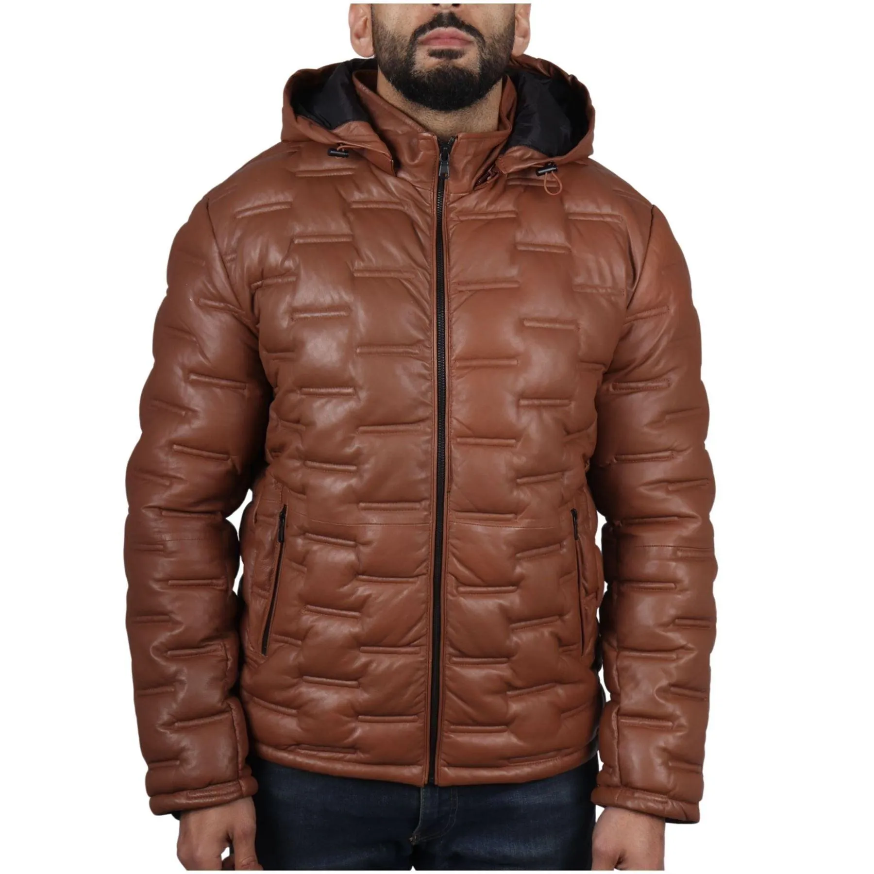 Men's Puffer Quilted Real Leather Jacket Hooded Casual