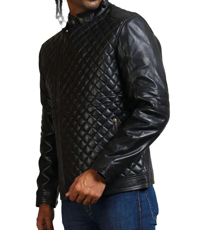 Mens Quilted Leather Jacket | Diamond Pattern