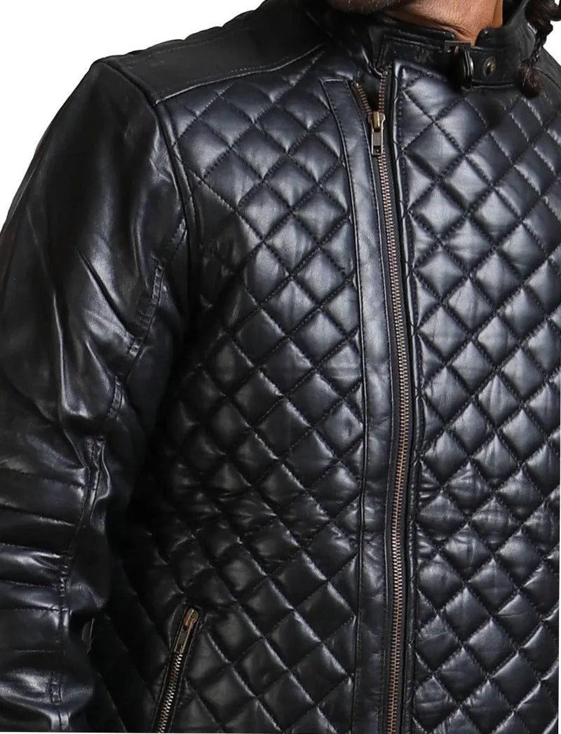 Mens Quilted Leather Jacket | Diamond Pattern