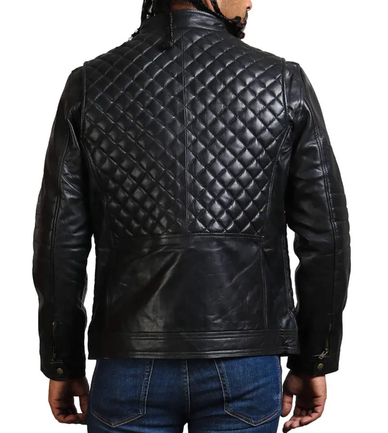 Mens Quilted Leather Jacket | Diamond Pattern