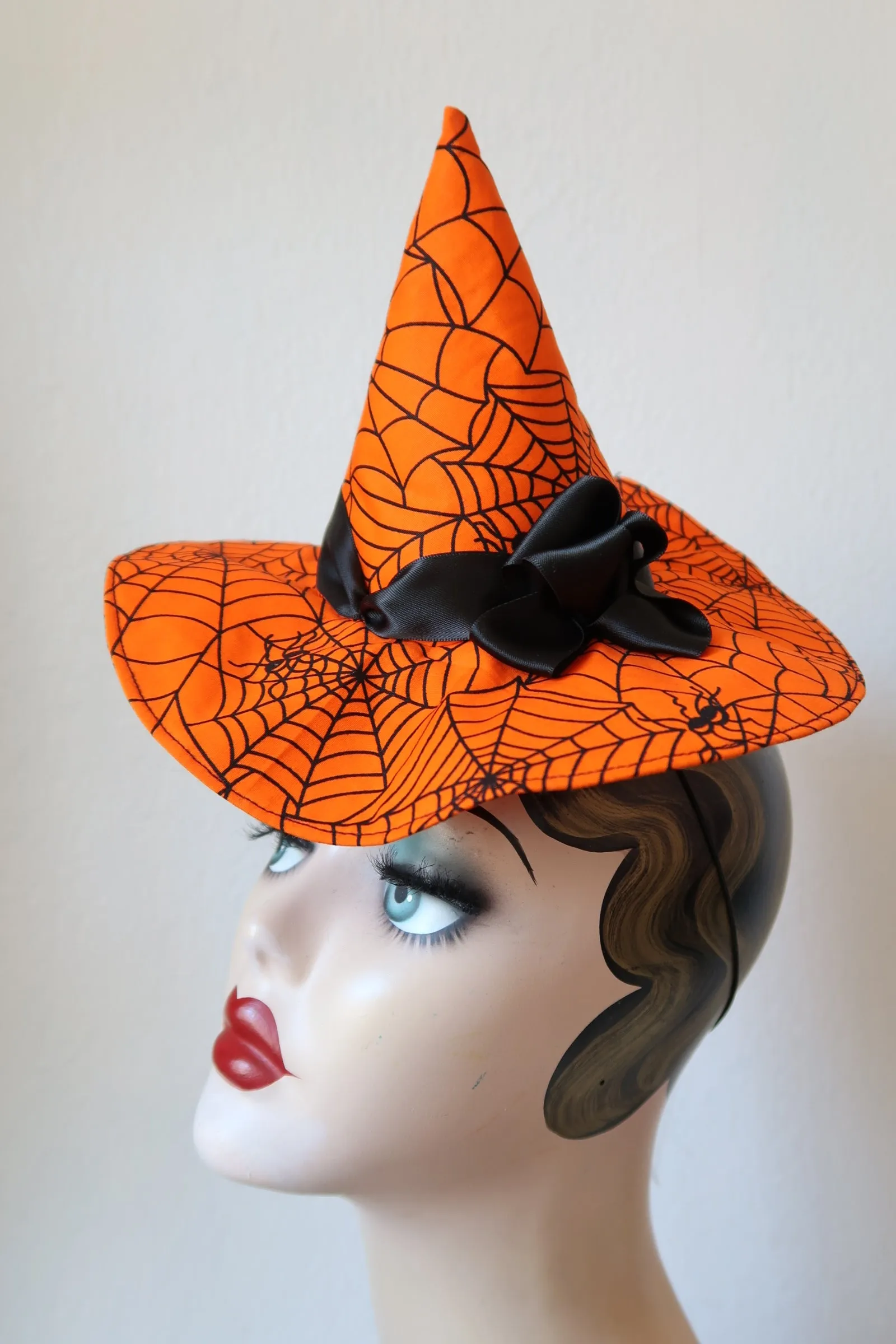 Mini Witch Hat Fascinator (bright orange spiderweb)