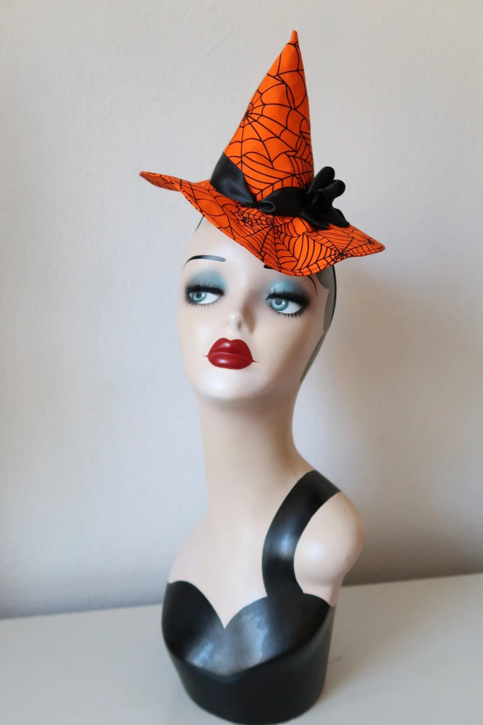 Mini Witch Hat Fascinator (bright orange spiderweb)