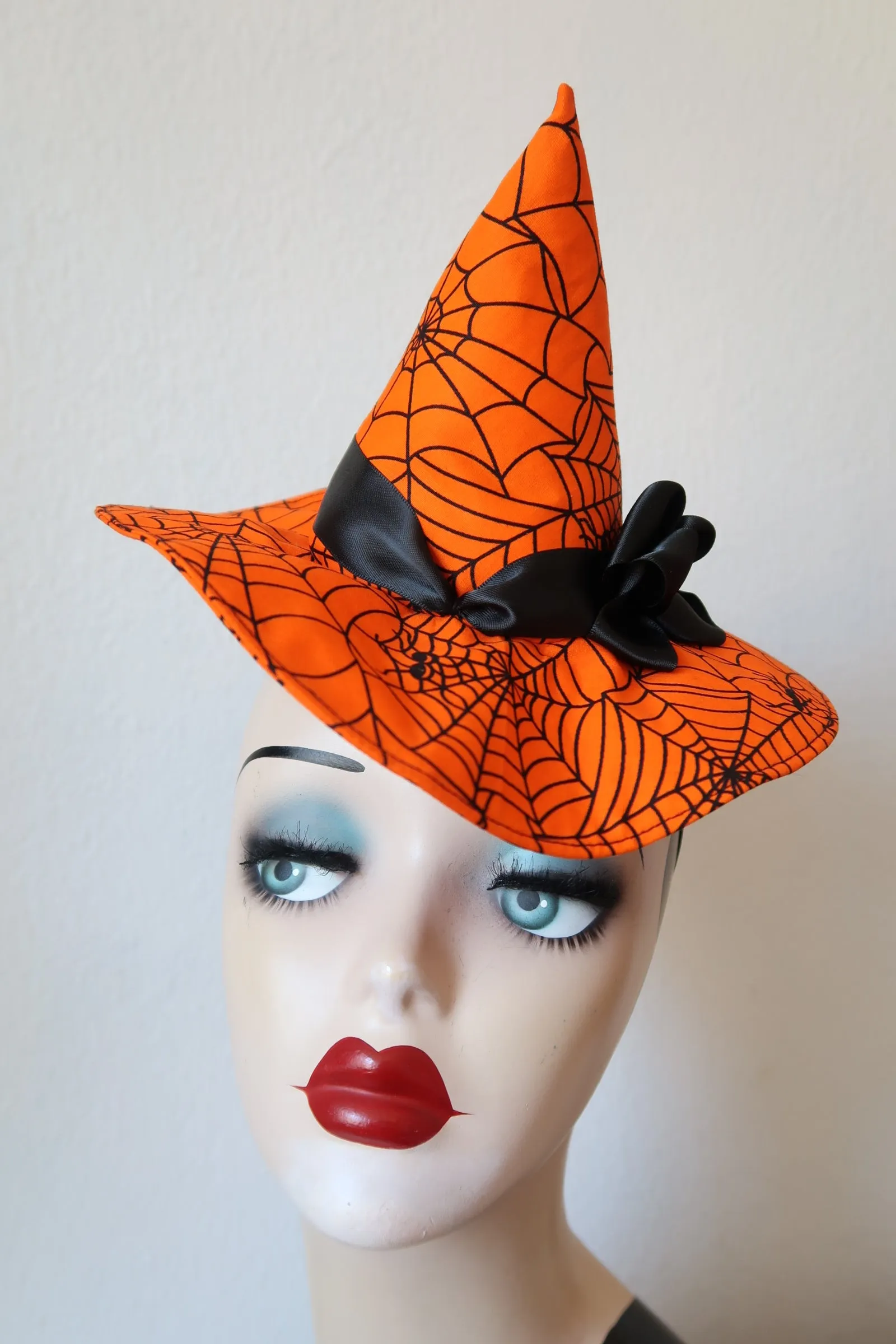 Mini Witch Hat Fascinator (bright orange spiderweb)