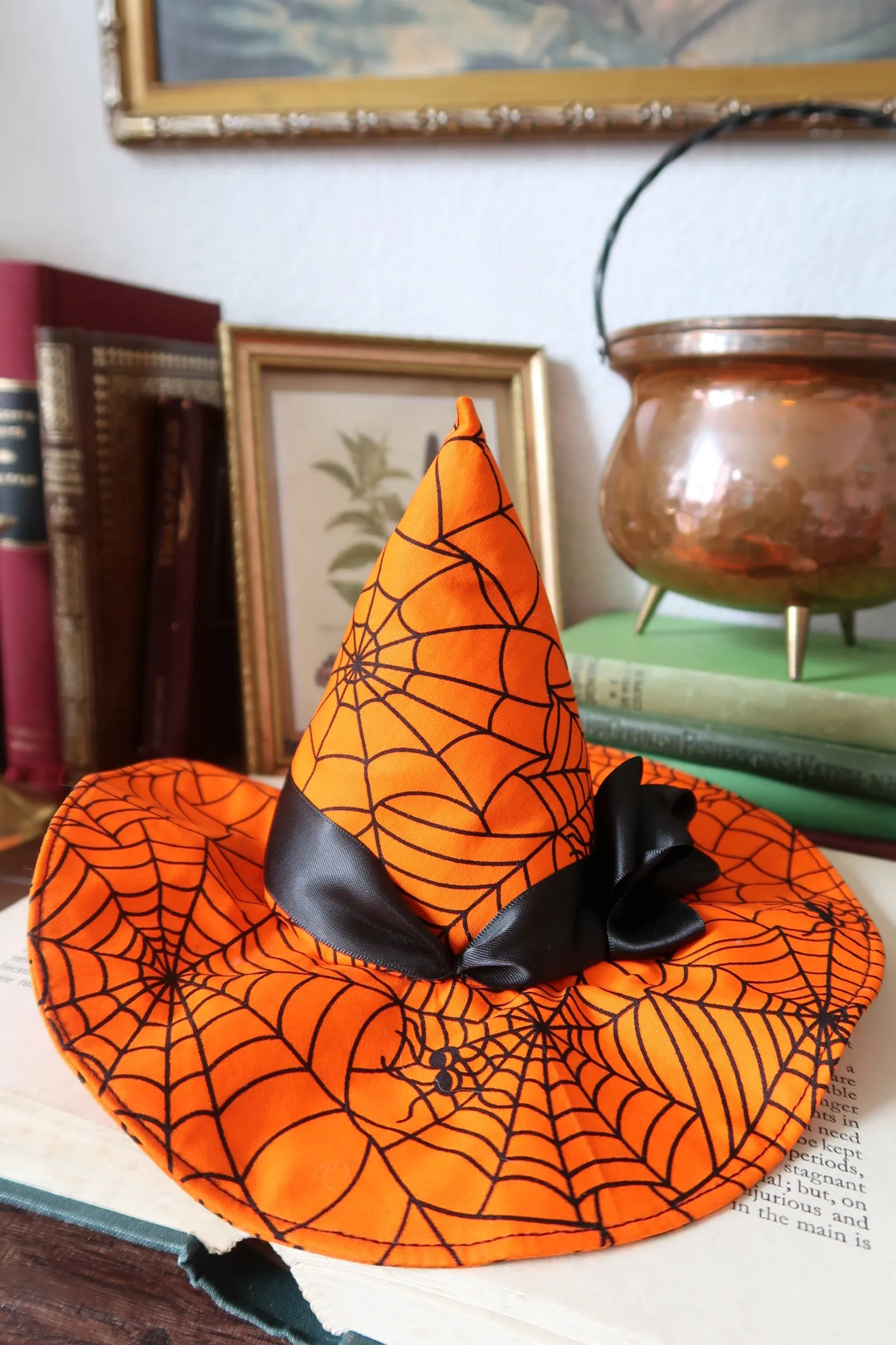 Mini Witch Hat Fascinator (bright orange spiderweb)