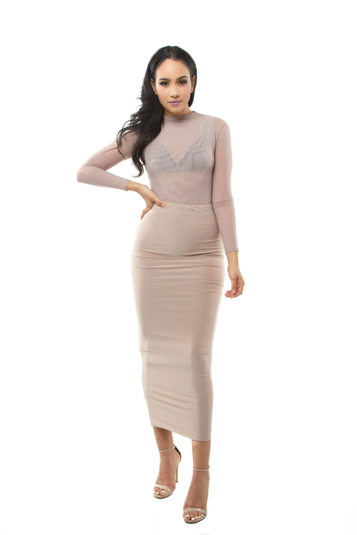 MYSTYLEMODE MOCHA LONG SLEEVE FUNNEL NECK MESH BODYSUIT