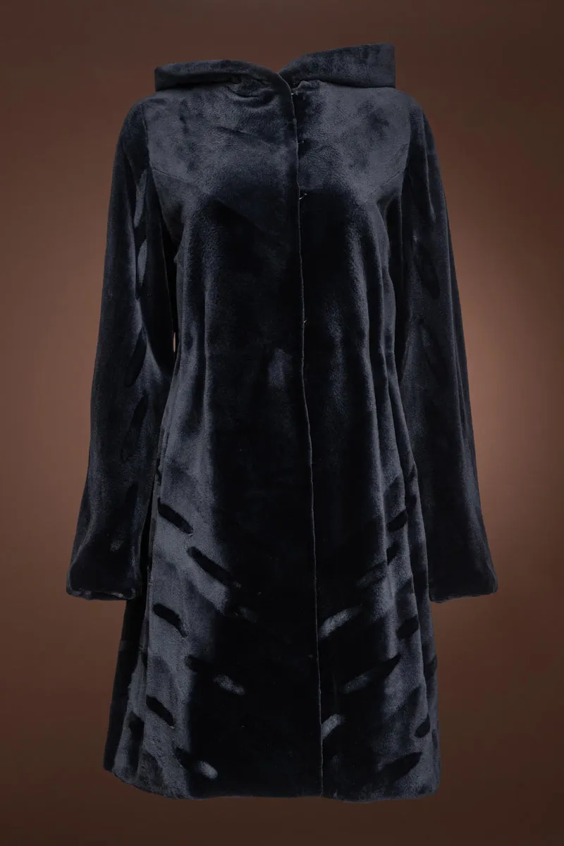 Navy Blue Reversible Hooded Sheared Mid-Length Mink Fur Coat