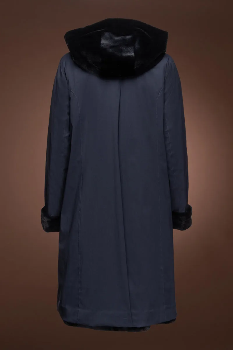 Navy Blue Reversible Hooded Sheared Mid-Length Mink Fur Coat